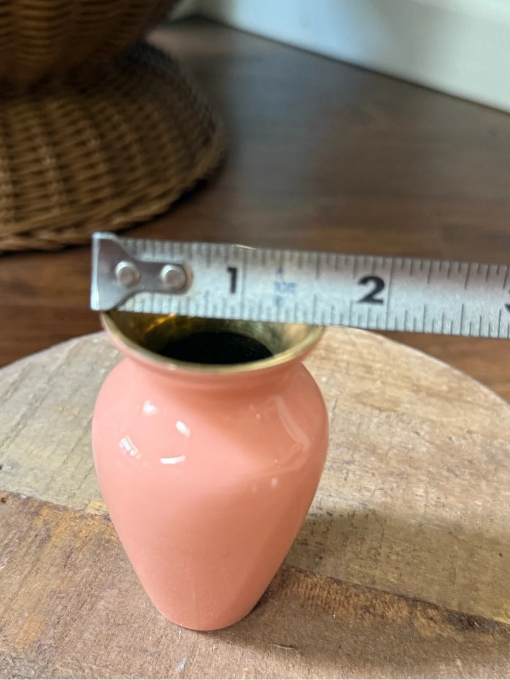 Vintage Miniature Pink Enamel On Brass Bud Vase 3.5” Tall RARE